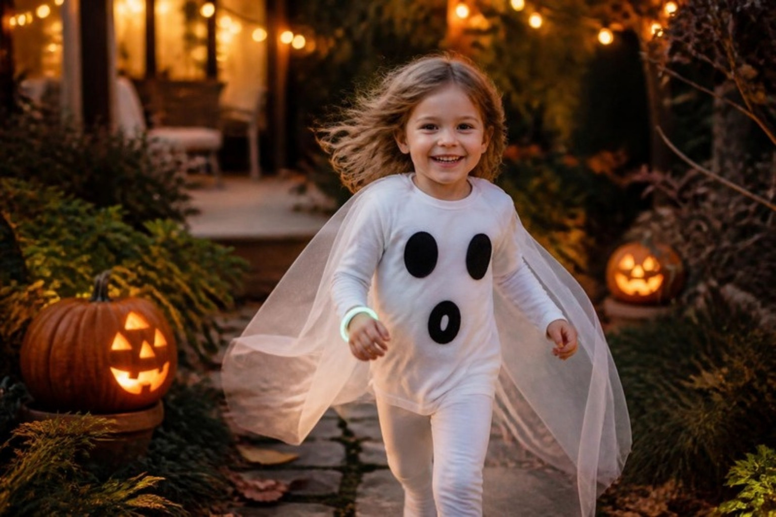 A girl in white clothes with felt ghost eyes and a floating tulle cape