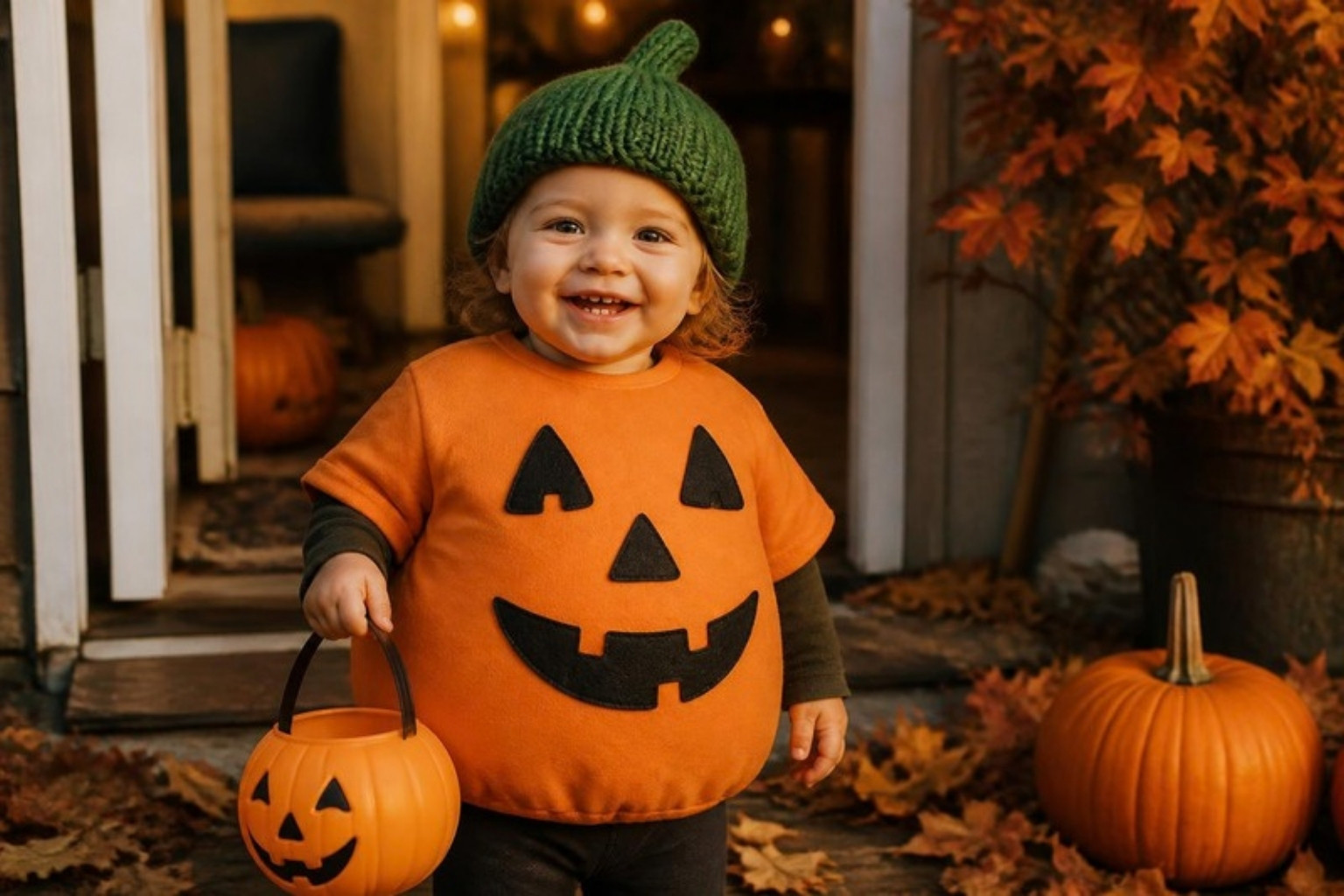 A toddler in an orange top with a felt pumpkin face and a green hat