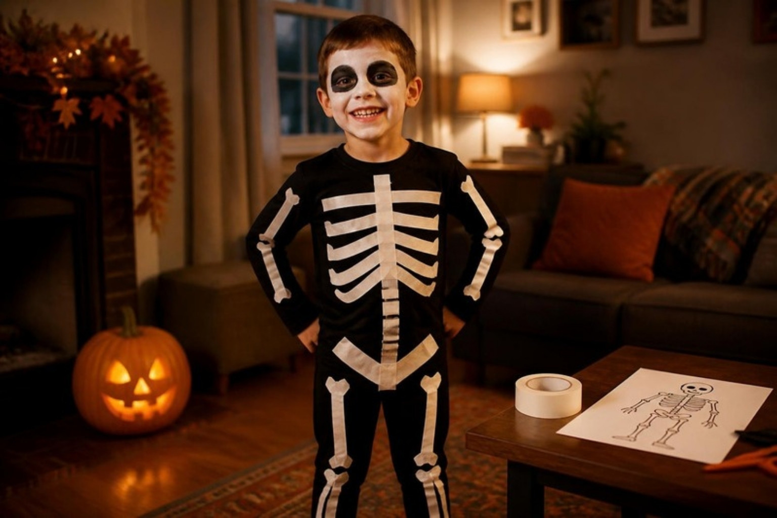 A boy in a homemade skeleton costume made with white tape on black clothes