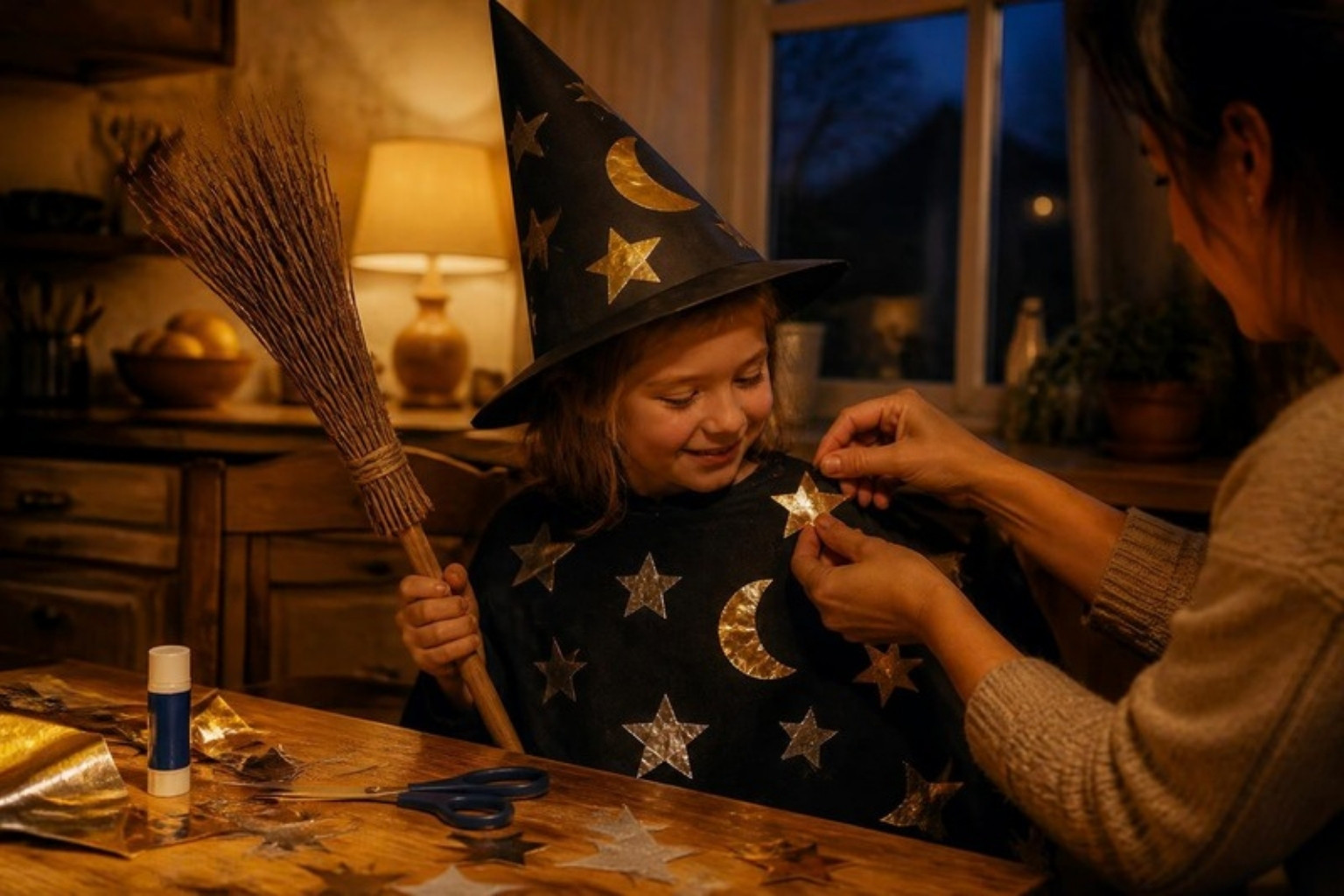 A mum gluing shiny paper stars and a moon onto a child's witch cape and hat