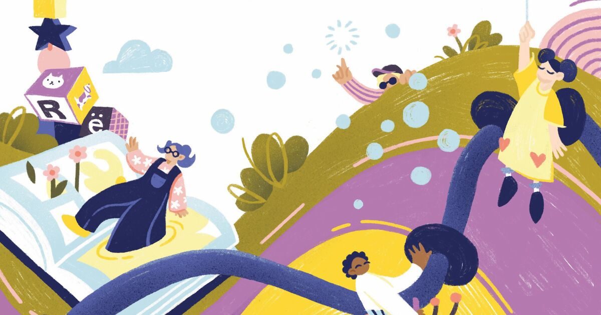 Illustration of children playing among books, bubbles and colourful hills
