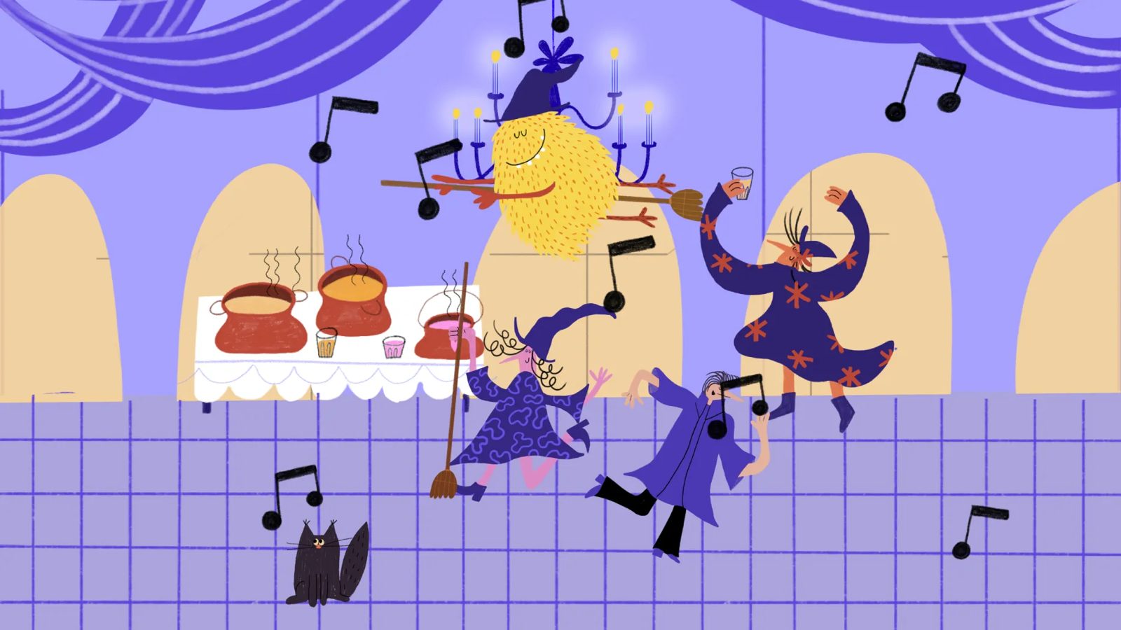 Illustration of witches dancing around bubbling cauldrons with musical notes